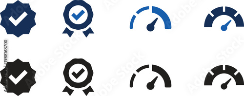 Illustrations of achievement badges and speedometer gauges in various colors and styles.