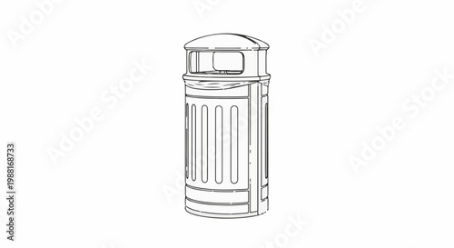 Line art of a tall, cylindrical trash receptacle with a domed lid