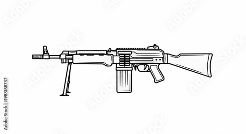 Line art of a machine gun with a bipod and ammo magazine