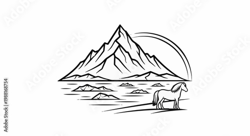 Majestic mountain peak with a horse and a sunset arc