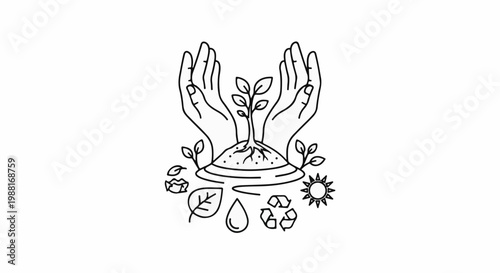 Hands cradle a sprouting plant on a mound, surrounded by nature icons