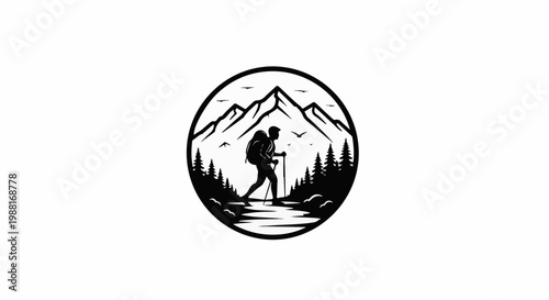 Silhouette of hiker with backpack and poles in mountainous landscape