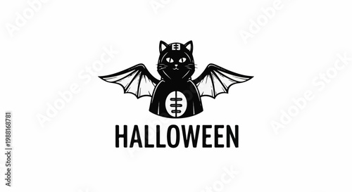 Black cat with bat wings and halloween text