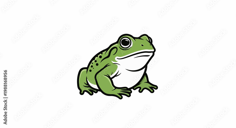 Fototapeta premium A stylized green frog with black dots on its back sits on a white background