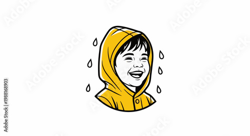 Joyful child wearing yellow raincoat, laughing in the rain
