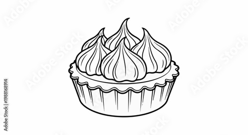 Black and white illustration of a decorated pastry with piped icing on a white background