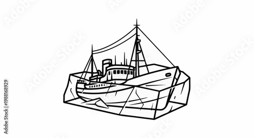 Line drawing of a fishing boat trapped in ice