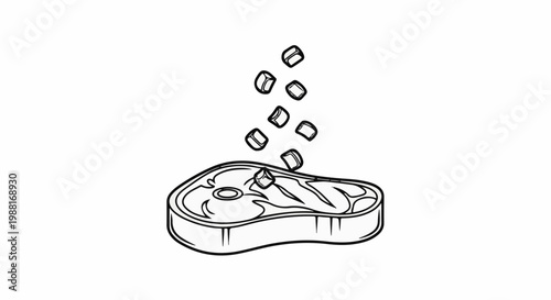 A stylized black and white drawing of a raw steak with cubed ingredients falling onto it