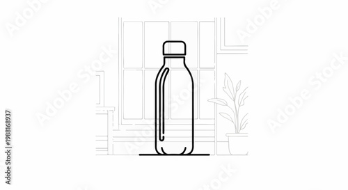 Minimalist line art of a reusable water bottle on a counter next to a potted plant