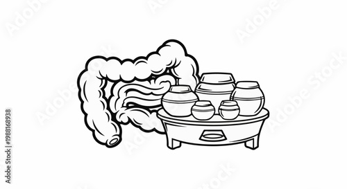 Intestines next to a collection of ceramic pots on a stand