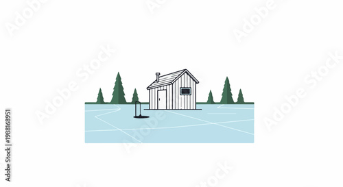 Small cabin on frozen lake with trees and a hockey net