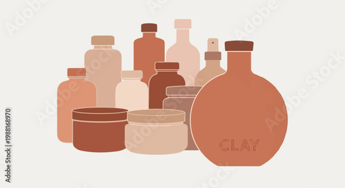 Assortment of clay jars and bottles in earthy tones on a light background