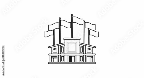 Outline of a grand building with multiple flags waving above its roof