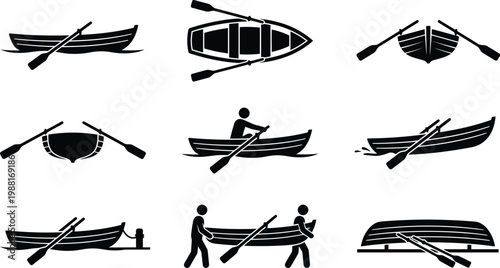 Set von neun Piktogrammen und Symbolen, die ein Ruderboot aus verschiedenen Perspektiven und in verschiedenen Situationen zeigen.