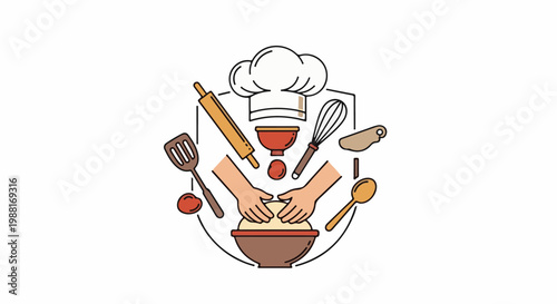 Hands kneading dough with cooking utensils and chef's hat