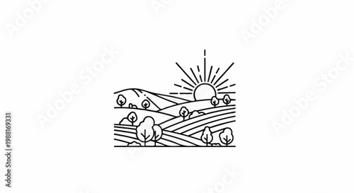 Rolling hills with sunburst and stylized trees, minimalist line art