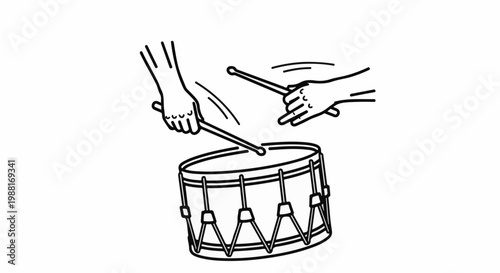 Hands play drum with sticks, rhythmic motion lines