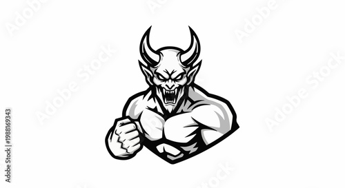 Muscular demon with sharp horns, bared teeth, and clenched fist