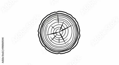 Stylized cross-section of a tree trunk with growth rings and radiating lines