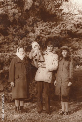 Soviet family outdoors portrait parents child park autumn vintage lifestyle.1983