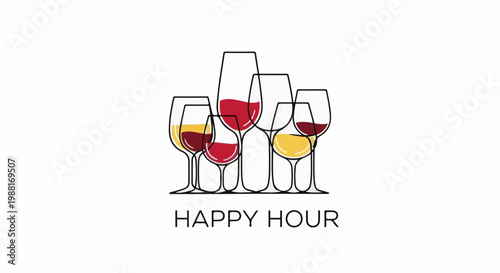 Stylized line art of assorted wine glasses filled with red and yellow liquid