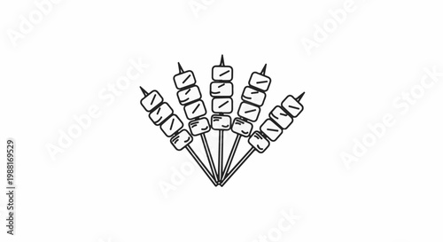 Five skewers with square shaped marshmallows arranged in a fan pattern