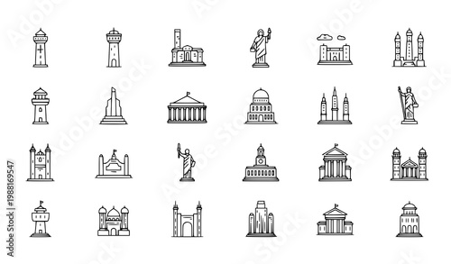 Travel tourist landmark UI icon set vector map style architecture monuments editable stroke outline design