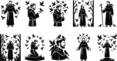 Sammlung von Ikonen des Heiligen Franz von Assisi, der in verschiedenen Posen mit Vögeln interagiert.