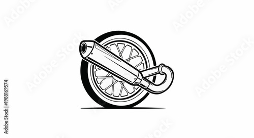 Stylized motorcycle wheel and exhaust pipe emblem, black and white design