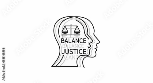 Outline of heads with scales of justice and balance text