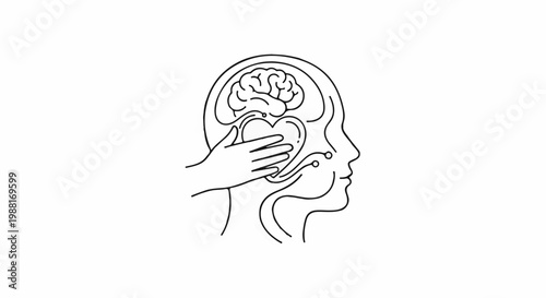 Outline of a head with a brain and heart, and a hand touching the heart