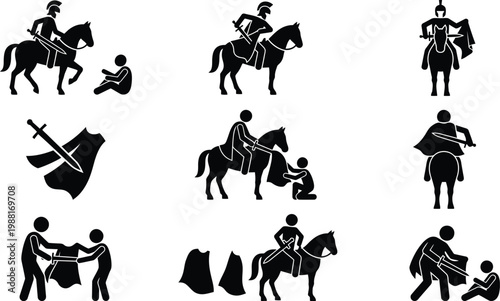 Eine Serie von Piktogrammen, die die Legende von Sankt Martin zeigen, der seinen Mantel mit einem Bettler teilt.