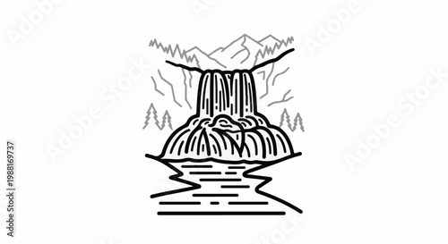 A stylized illustration of a waterfall cascading into a pool surrounded by mountains and trees