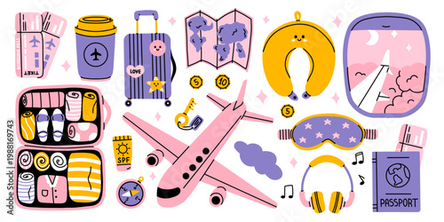 Vector set of cute travel and vacation elements. Airplane, suitcase, boarding pass, neck pillow, passport, luggage. Fun holiday journey illustration collection for trip and summer adventure design.