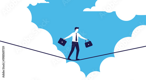 Businessman walking on tightrope over world map illustration