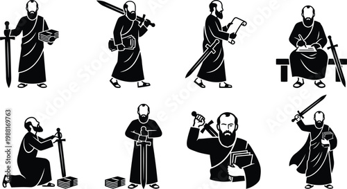Silhouetten eines bärtigen Mannes mit Schwert und Buch in verschiedenen Posen, die einen Apostel oder Heiligen darstellen.