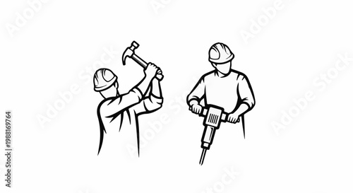 Two construction workers, one with a hammer, one with a jackhammer