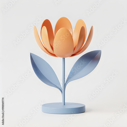 Minimalist 3 d sculpture of an orange spoon flower with blue leaves on a round base