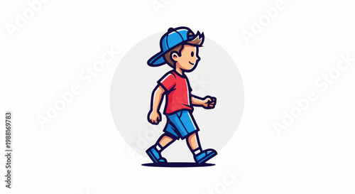 A stylized cartoon boy in red shirt, blue shorts, blue cap walks forward