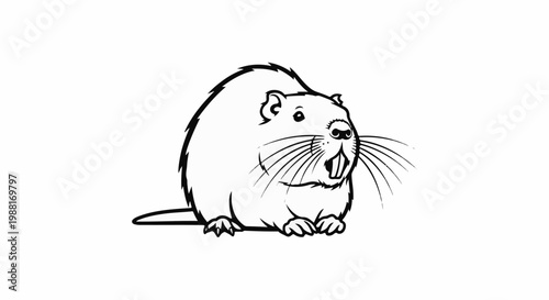 A whimsical, black and white cartoon drawing of a rodent with large front teeth