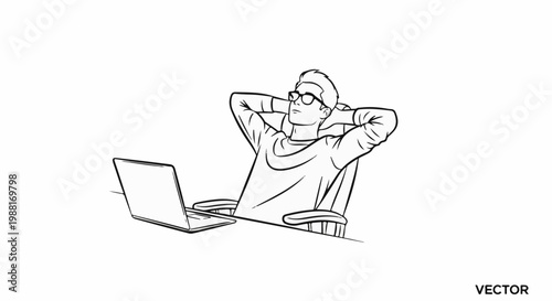 Person in glasses relaxing with hands behind head at desk with laptop