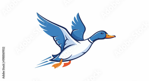 Stylized cartoon mallard duck in mid-flight, wings spread, white background