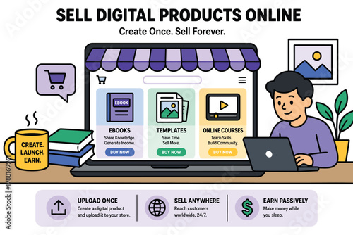 Illustration of selling digital products online for passive income