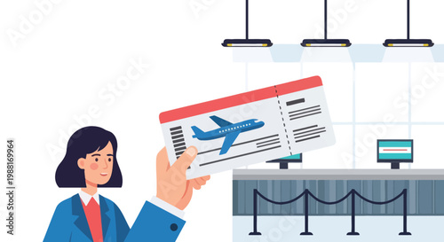 Businesswoman holding airplane ticket at airport check-in counter