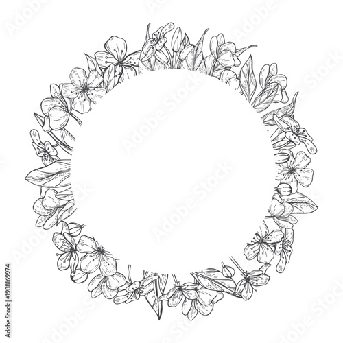Floral wreath frame with spring fruit tree flowers. Hand drawn sketch illustration of cherry blossom. Decorative border element for wedding invitation, greeting card and botanical design project.