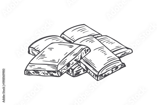 Chocolate bar pieces vector isolated line art black ink sketch. Hand drawn illustration of cocoa product served as snack. Sweet chunks for food packaging, menu design, kitchen decoration