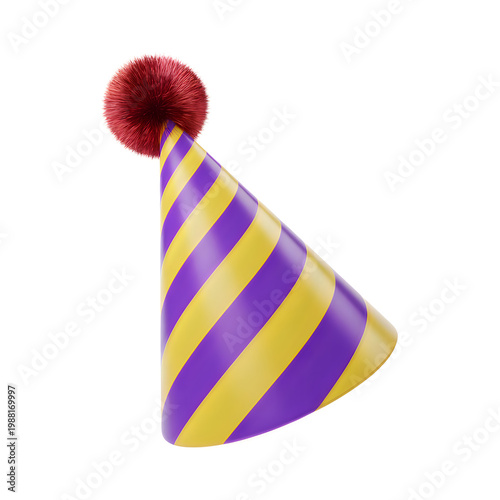 Purple and yellow striped party hat with a red pom topper