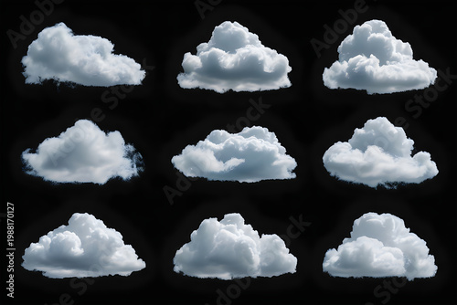 Set of nine fluffy white cumulus clouds isolated on black background