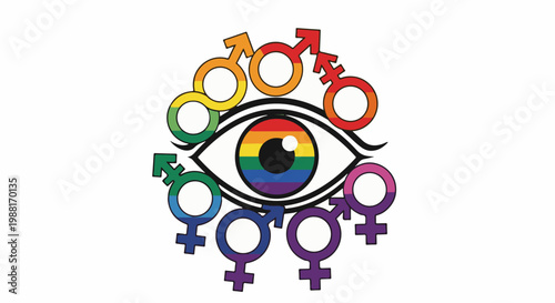 Rainbow eye surrounded by gender symbols