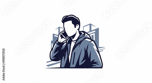 Stylized illustration of a man in a hoodie talking on a phone with cityscape